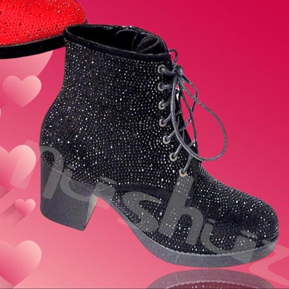 Italina Black Metallic Glitter Rhinestone Embellished Lace-up Combat Booties - Picture 5 of 7